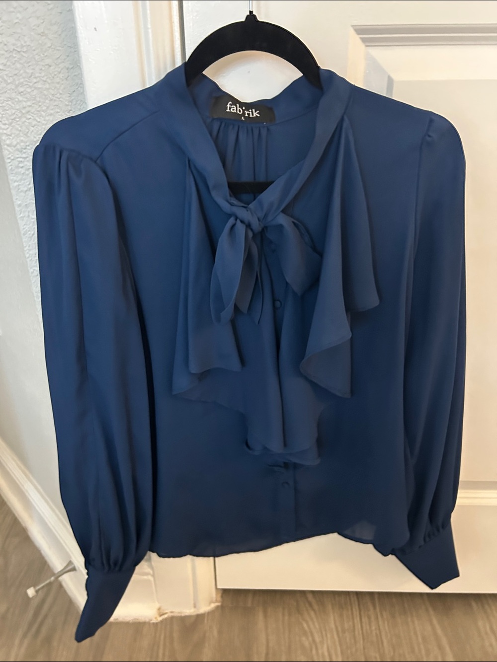 fab'rik Deep Blue Tie-Neck Ruffle Blouse